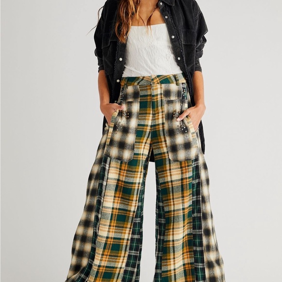 Free People Studded Mixed Plaid Wide-Leg Pants - Picture 2 of 5